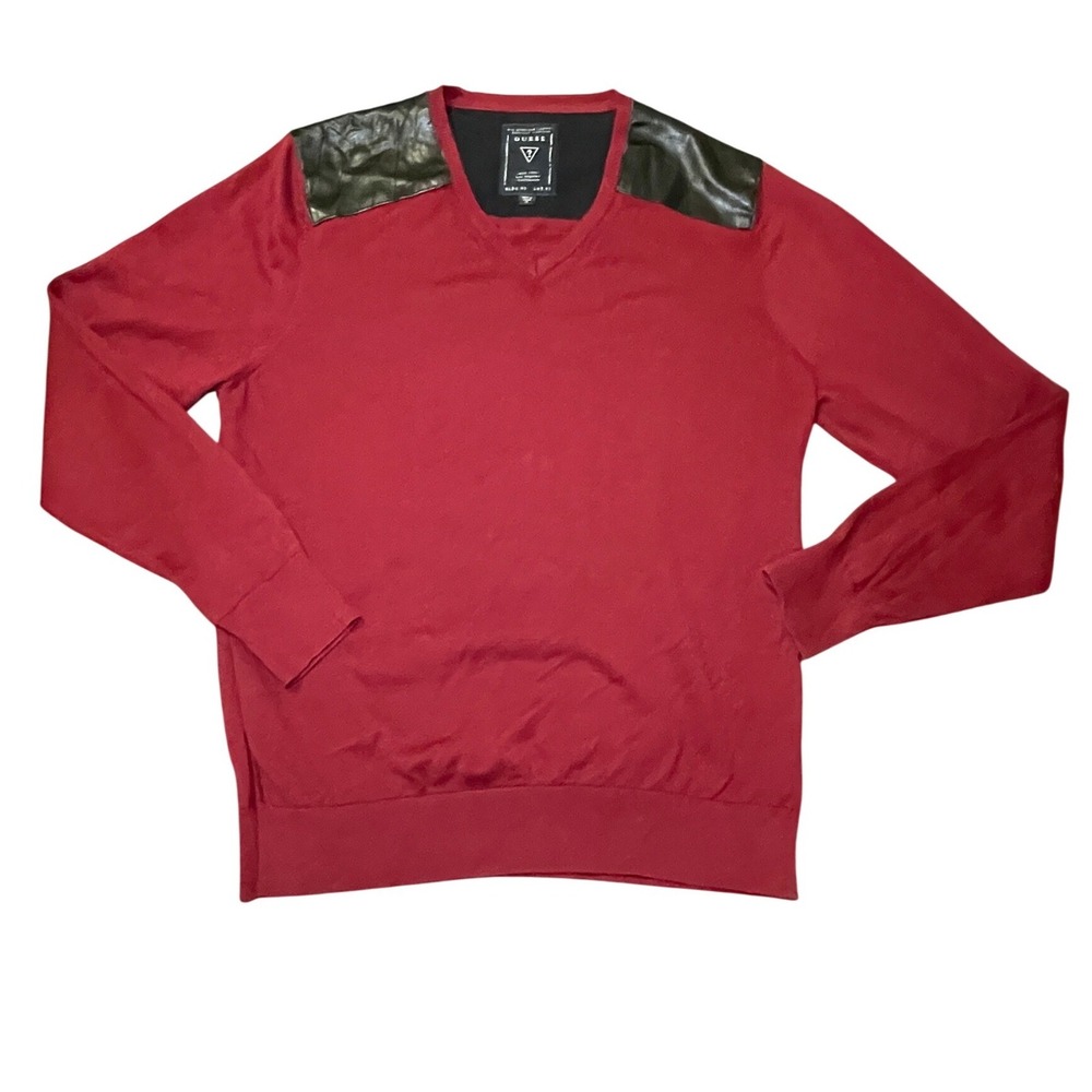 Guess V-Neck Sweater Mens XL Burgundy Red Faux Leather Shoulder Panels Vintage